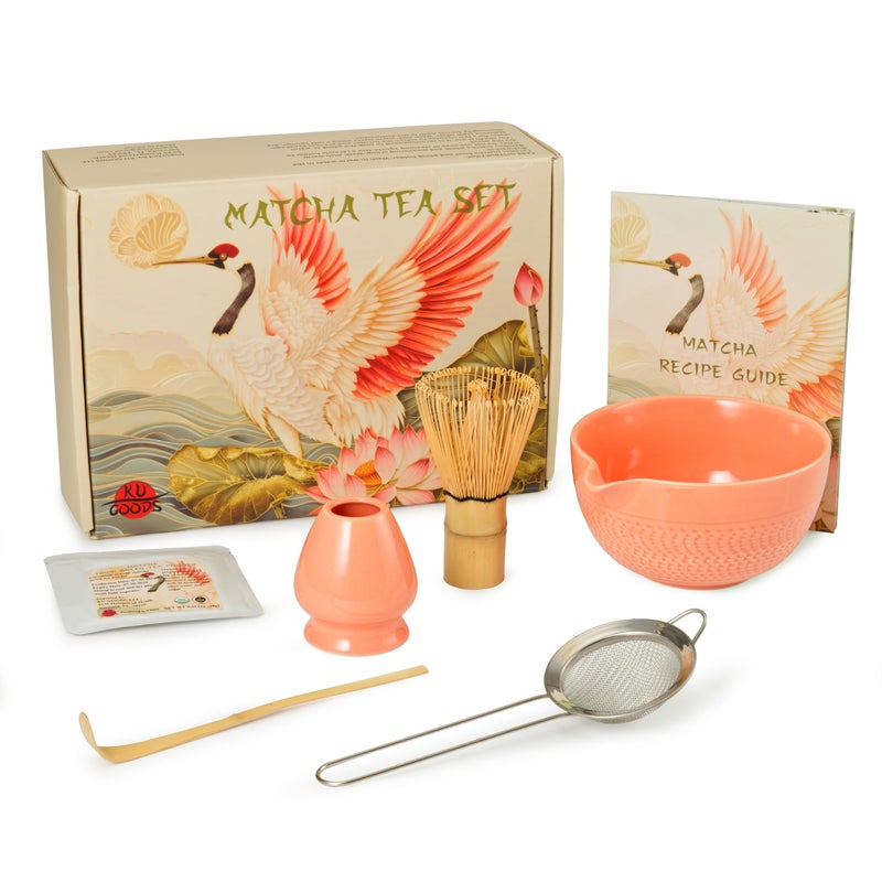KU GOODS 7 Pc Japanese Matcha Tea Set - Bamboo Whisk, Bowl with Spout and Matcha Green Tea Powder, Whisk Holder, Matcha Sifter, Crane Bird and Lotus Decorative Gift Box and Recipe Guide (Salmon Pink) - Image 1