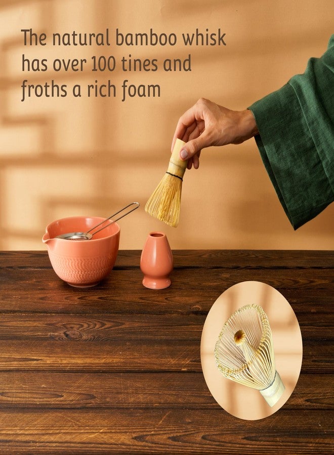 KU GOODS 7 Pc Japanese Matcha Tea Set - Bamboo Whisk, Bowl with Spout and Matcha Green Tea Powder, Whisk Holder, Matcha Sifter, Crane Bird and Lotus Decorative Gift Box and Recipe Guide (Salmon Pink) - Image 5
