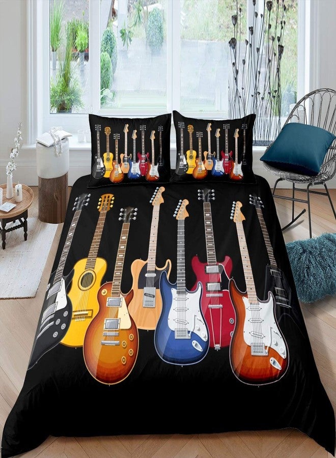 Feelyou Guitar Printed Bedding Set Teens Rock Music Themed Duvet Cover for Kids Children Adults Colorful Musical Pattern Comforter Cover Hip Hop Stripe Style Bedspread Cover Bedroom Decor 2Pcs Twin Size - Image 1