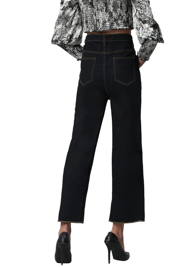 KOTTY Women High Rise Cotton Lycra Ankle Length Straight fit Oil Black Solid Jeans (Oil Black,28) - Image 3