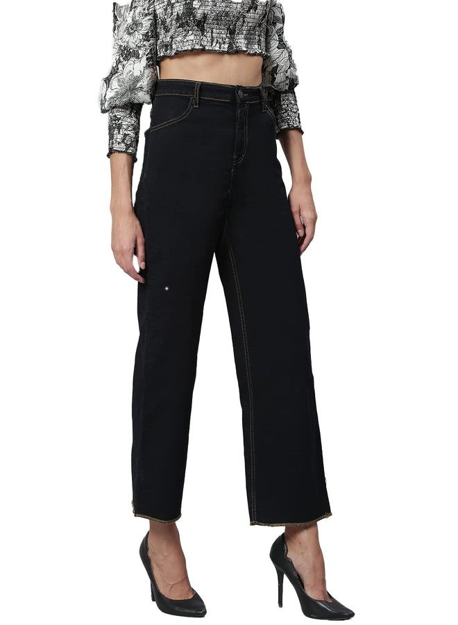 KOTTY Women High Rise Cotton Lycra Ankle Length Straight fit Oil Black Solid Jeans (Oil Black,28) - Image 1