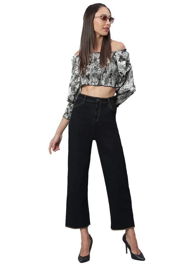 KOTTY Women High Rise Cotton Lycra Ankle Length Straight fit Oil Black Solid Jeans (Oil Black,28) - Image 2