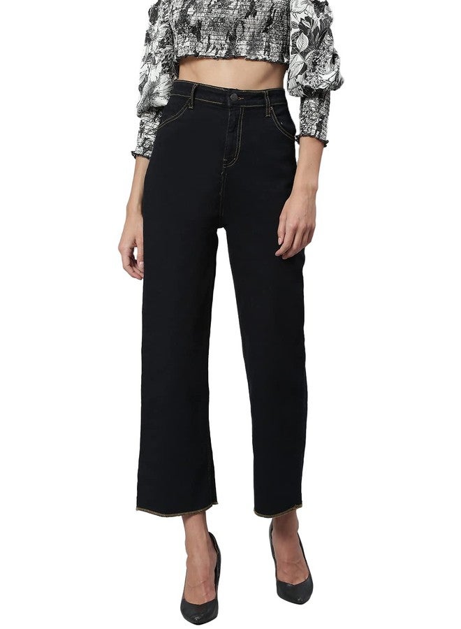 KOTTY Women High Rise Cotton Lycra Ankle Length Straight fit Oil Black Solid Jeans (Oil Black,28) - Image 4