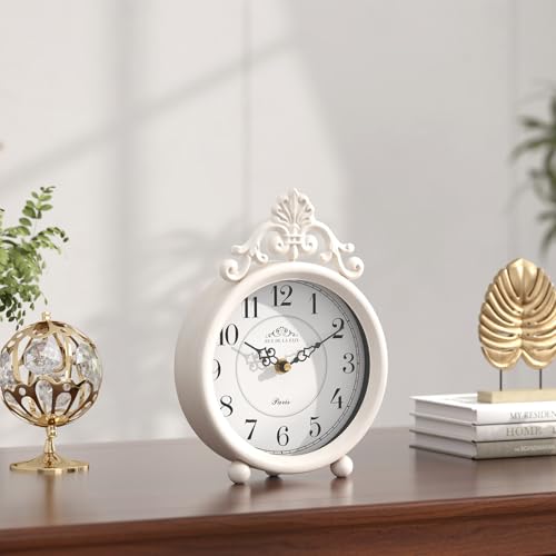 ChimeTide Vintage White Table Clock, Desk and Shelf Mantel Clock, French Rustic Antique Style Decor Clocks, for Farmhouse, Bedroom, Living Room, Bedside, Gift (9" H x 6.3" W) - Image 5