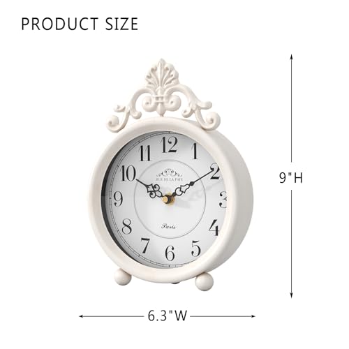 ChimeTide Vintage White Table Clock, Desk and Shelf Mantel Clock, French Rustic Antique Style Decor Clocks, for Farmhouse, Bedroom, Living Room, Bedside, Gift (9" H x 6.3" W) - Image 2