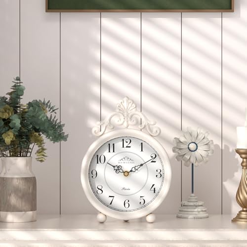 ChimeTide Vintage White Table Clock, Desk and Shelf Mantel Clock, French Rustic Antique Style Decor Clocks, for Farmhouse, Bedroom, Living Room, Bedside, Gift (9" H x 6.3" W) - Image 4