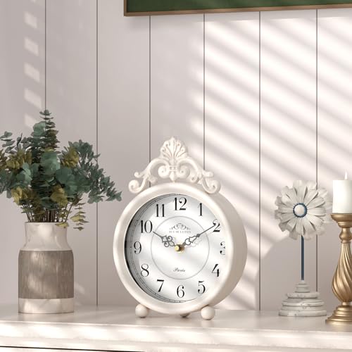 ChimeTide Vintage White Table Clock, Desk and Shelf Mantel Clock, French Rustic Antique Style Decor Clocks, for Farmhouse, Bedroom, Living Room, Bedside, Gift (9" H x 6.3" W) - Image 3