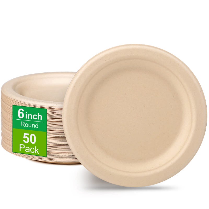 Greconv Eco Friendly Small Paper Plates  6 Inch 50 Pack Compostable Made of Sugarcane Fibers Brown Dessert Plates
