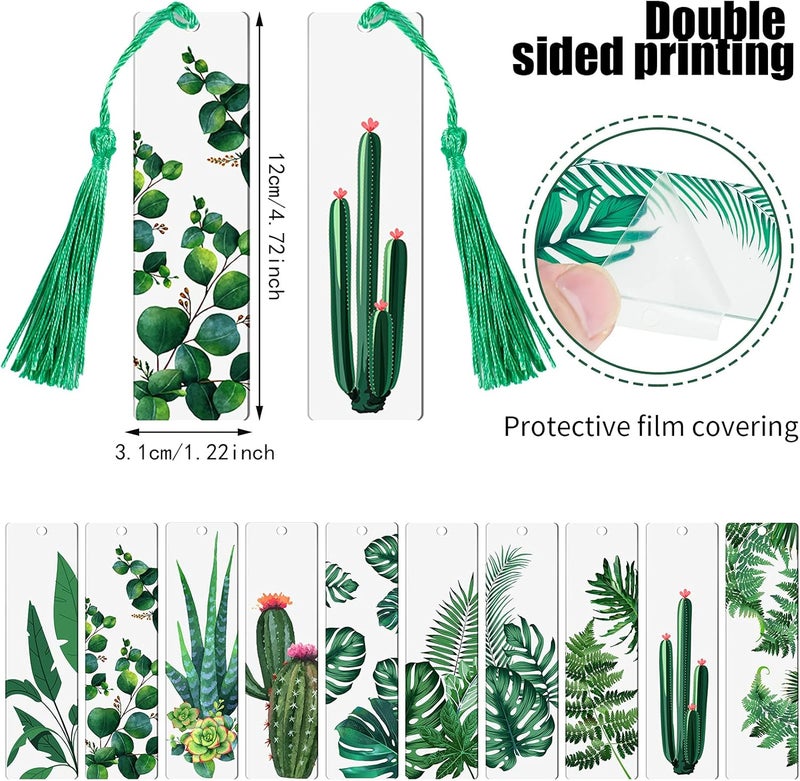 klarako 10 Pcs Bookmarks with Tassels Acrylic Bookmarks Resin Plant Bookmark with 10 Pieces Green Tassels Plant Reading Transparent Bookmark for Women Teacher Kids Book Lovers - Image 2
