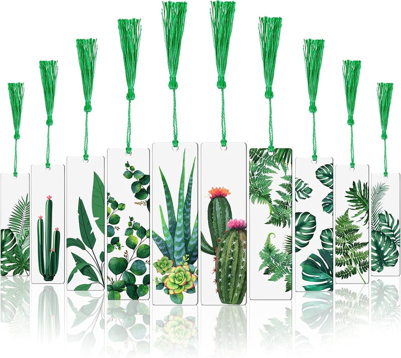 klarako 10 Pcs Bookmarks with Tassels Acrylic Bookmarks Resin Plant Bookmark with 10 Pieces Green Tassels Plant Reading Transparent Bookmark for Women Teacher Kids Book Lovers - Image 1
