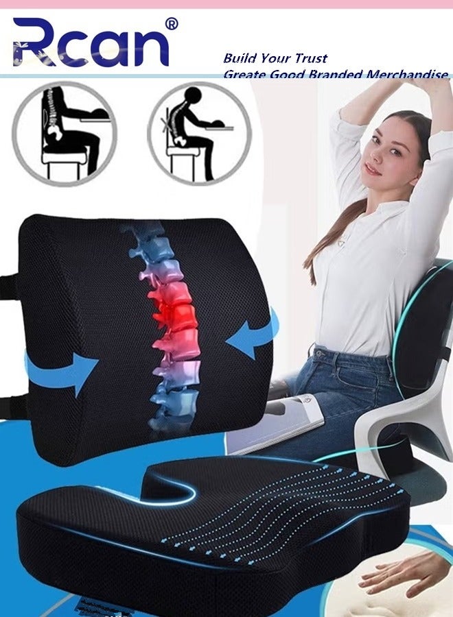 Rcan Seat Cushion/Lumbar Support Pillow for Office Chair Car Wheelchair Memory Foam Desk Chair Cushion for Sciatica Lower Back/Tailbone Pain Relief Desk Pad with Adjustable Strap 3D Washable Cover - Image 1