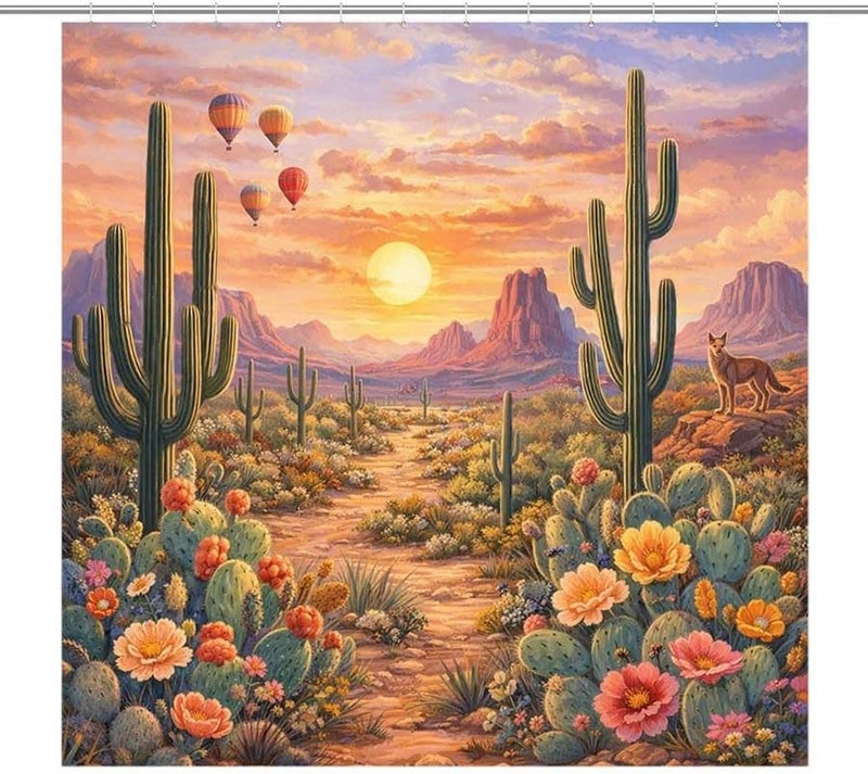 Desert Landscape with Cacti, hot air Balloons, and a Coyote at sunsetShower Curtain for Bathroom Waterproof Tan Shower Curtain with Hooks 71 inch x 71 inch - Image 1