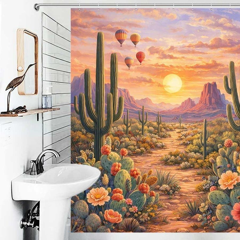 Desert Landscape with Cacti, hot air Balloons, and a Coyote at sunsetShower Curtain for Bathroom Waterproof Tan Shower Curtain with Hooks 71 inch x 71 inch - Image 4