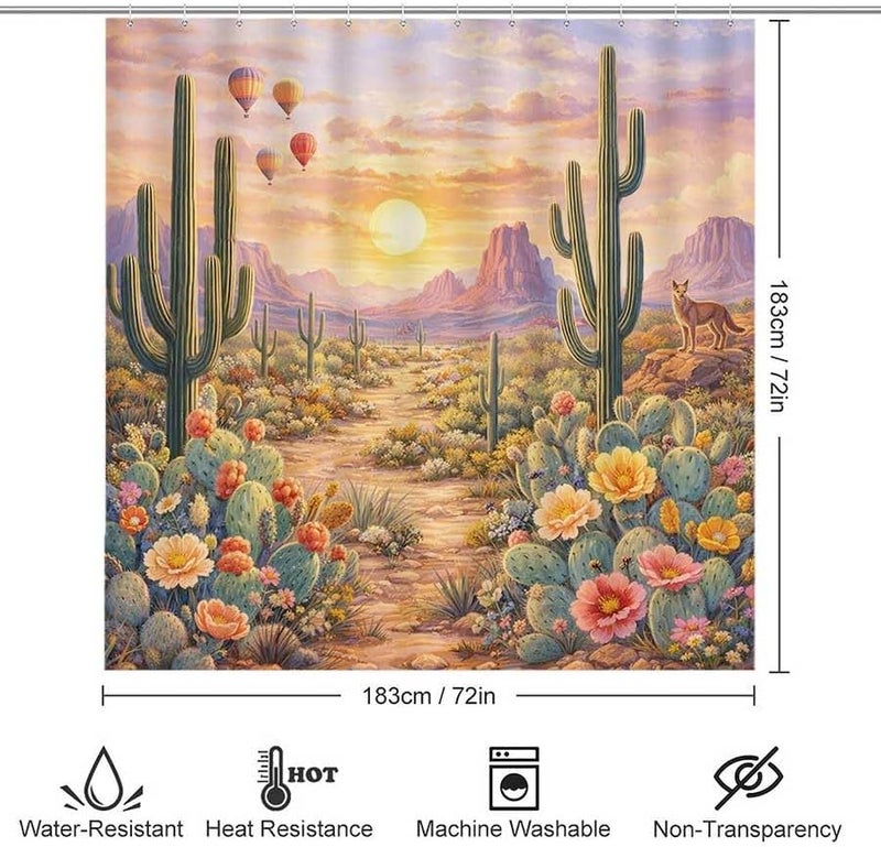 Desert Landscape with Cacti, hot air Balloons, and a Coyote at sunsetShower Curtain for Bathroom Waterproof Tan Shower Curtain with Hooks 71 inch x 71 inch - Image 3