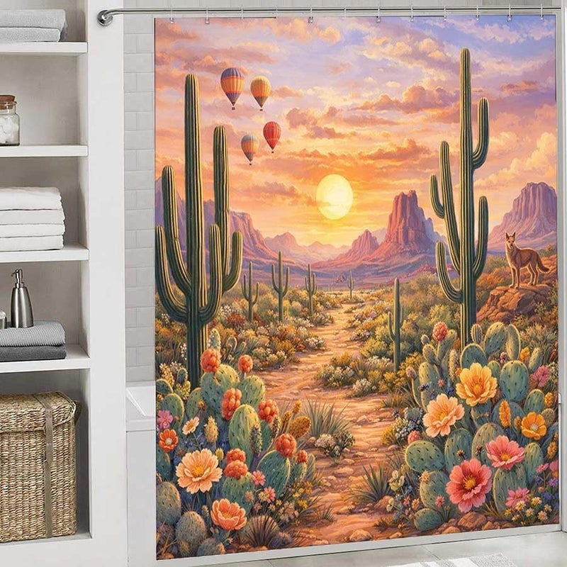 Desert Landscape with Cacti, hot air Balloons, and a Coyote at sunsetShower Curtain for Bathroom Waterproof Tan Shower Curtain with Hooks 71 inch x 71 inch - Image 2