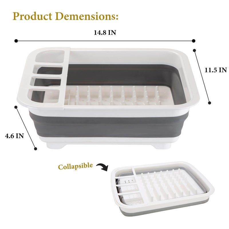 Kitchen Details Collapsible Dish Drying Rack | Space Saver | Aerated Bases Drain Holes | Plates  Bowls  Utensils Compartments | Countertop and Sink Storage | White/Grey - Image 4