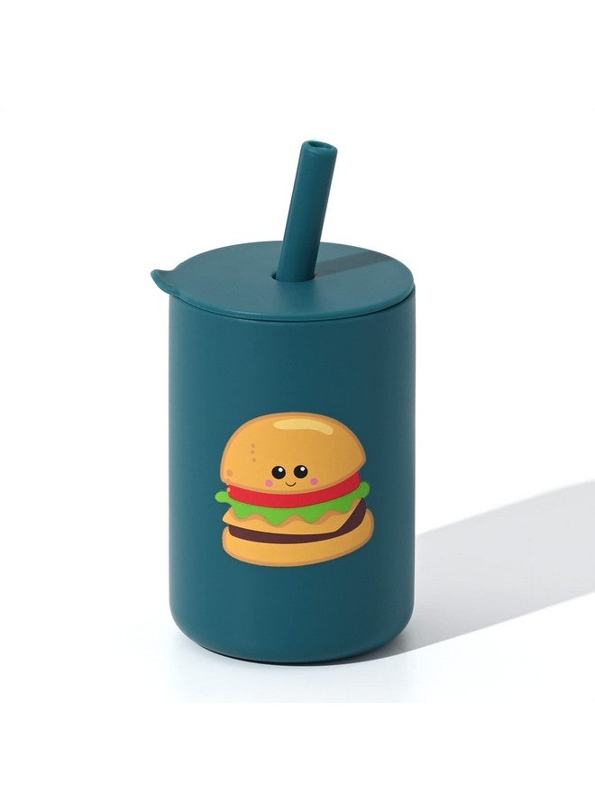 JOYIT Silicone Toddler Open Cup with Straw, Silicone Open Mouth Cup for Baby 6 oz, Baby Training Cup (Hamburger-Ocean Blue) - Image 1