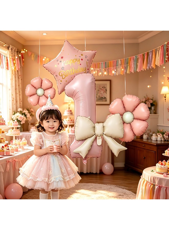 Party First Birthday Party Balloon Set, Pink, 40-inch Number 1 Foil Balloon with Flower & Star Confetti Balloons - Image 2