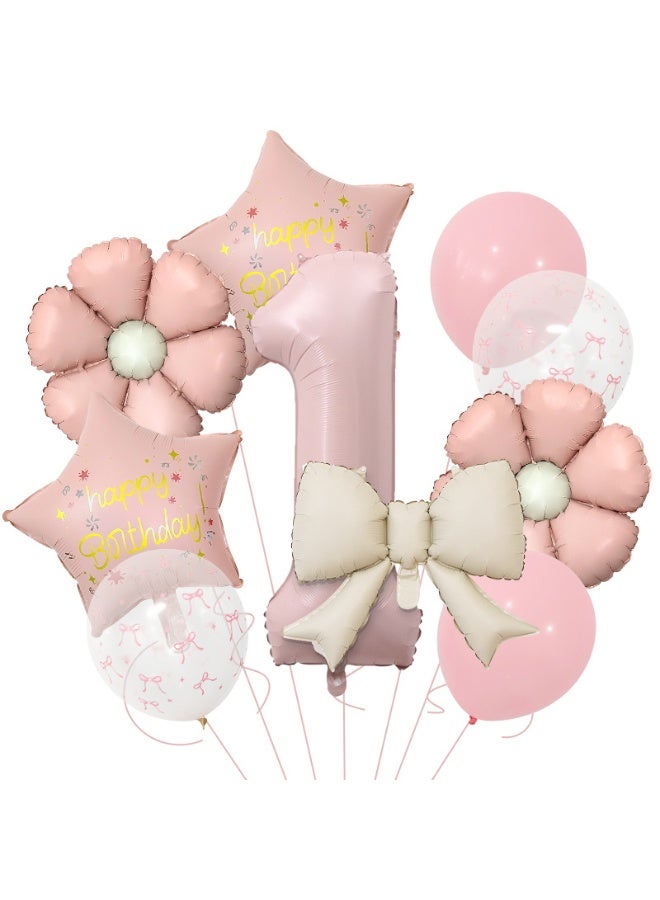 Party First Birthday Party Balloon Set, Pink, 40-inch Number 1 Foil Balloon with Flower & Star Confetti Balloons - Image 1