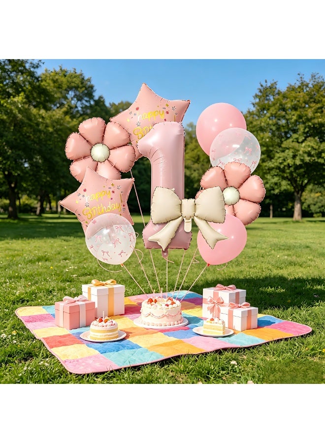 Party First Birthday Party Balloon Set, Pink, 40-inch Number 1 Foil Balloon with Flower & Star Confetti Balloons - Image 3