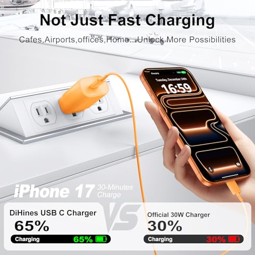 DiHines Phone 17 16 15 Charger Fast Charging,30W USB C Phone 17 16 15 Pro Max Charger Block & 10FT Long Type C Cable Cord for i.Phone 17/17 Air/17 Pro/17 Pro Max/16/16 Pro Max/15/15 Pro Max,Orange - Image 4