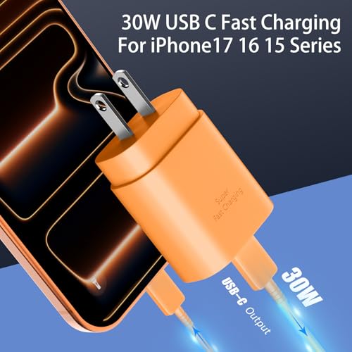 DiHines Phone 17 16 15 Charger Fast Charging,30W USB C Phone 17 16 15 Pro Max Charger Block & 10FT Long Type C Cable Cord for i.Phone 17/17 Air/17 Pro/17 Pro Max/16/16 Pro Max/15/15 Pro Max,Orange - Image 2