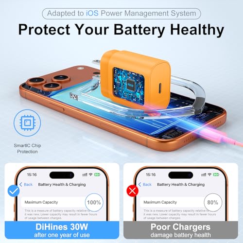 DiHines Phone 17 16 15 Charger Fast Charging,30W USB C Phone 17 16 15 Pro Max Charger Block & 10FT Long Type C Cable Cord for i.Phone 17/17 Air/17 Pro/17 Pro Max/16/16 Pro Max/15/15 Pro Max,Orange - Image 5