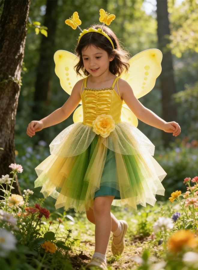 Axaxa Fairy Costume for Girls Yellow Fairy Dress with Wings Headband and Wand 5Y - Image 4