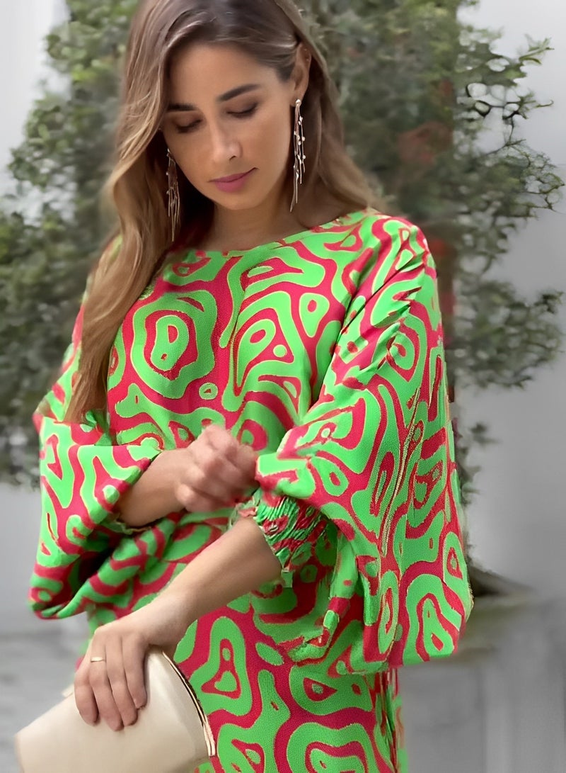 ريوكل طقم نسائي مكون من قطعتين بطبعة عصرية، بلوزة مطبوعة برقبة دائرية، تنورة طويلة، خصر مرتفع، فساتين صيفية، ملابس كاجوال، بدلة صيفية فضفاضة بمقاس كبير - Image 3