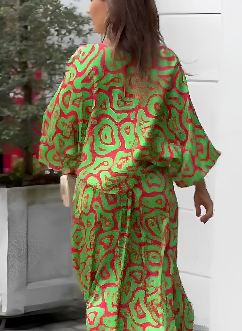 ريوكل طقم نسائي مكون من قطعتين بطبعة عصرية، بلوزة مطبوعة برقبة دائرية، تنورة طويلة، خصر مرتفع، فساتين صيفية، ملابس كاجوال، بدلة صيفية فضفاضة بمقاس كبير - Image 5