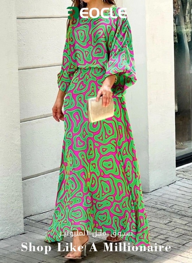 ريوكل طقم نسائي مكون من قطعتين بطبعة عصرية، بلوزة مطبوعة برقبة دائرية، تنورة طويلة، خصر مرتفع، فساتين صيفية، ملابس كاجوال، بدلة صيفية فضفاضة بمقاس كبير - Image 1