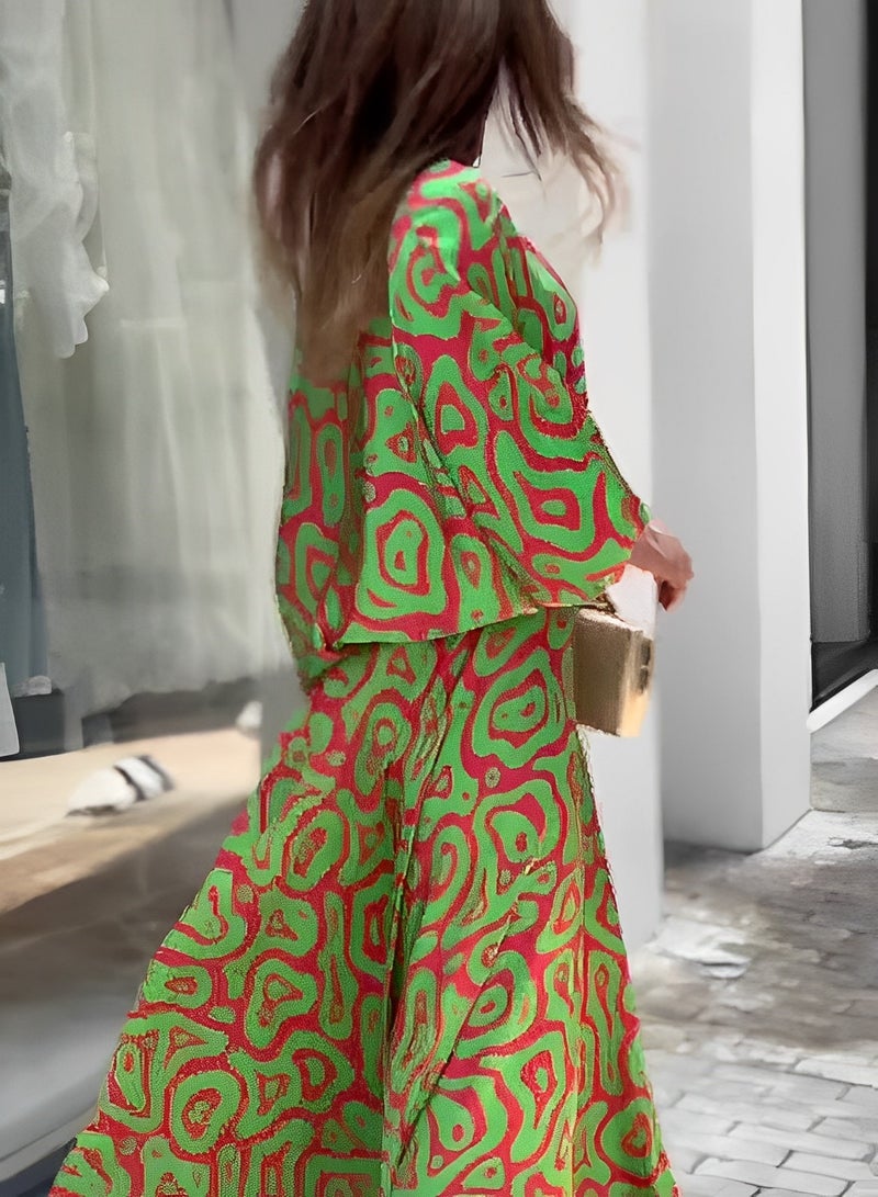 ريوكل طقم نسائي مكون من قطعتين بطبعة عصرية، بلوزة مطبوعة برقبة دائرية، تنورة طويلة، خصر مرتفع، فساتين صيفية، ملابس كاجوال، بدلة صيفية فضفاضة بمقاس كبير - Image 4