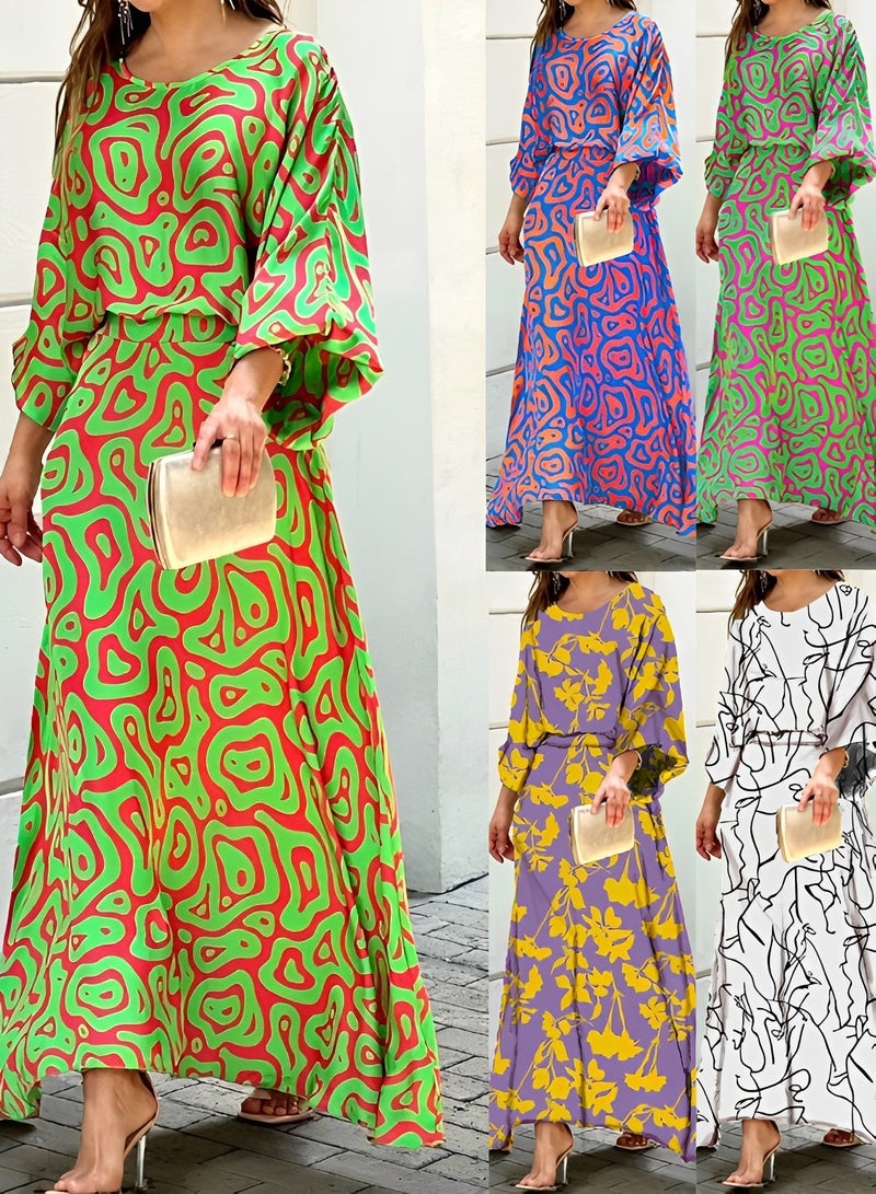 ريوكل طقم نسائي مكون من قطعتين بطبعة عصرية، بلوزة مطبوعة برقبة دائرية، تنورة طويلة، خصر مرتفع، فساتين صيفية، ملابس كاجوال، بدلة صيفية فضفاضة بمقاس كبير - Image 2