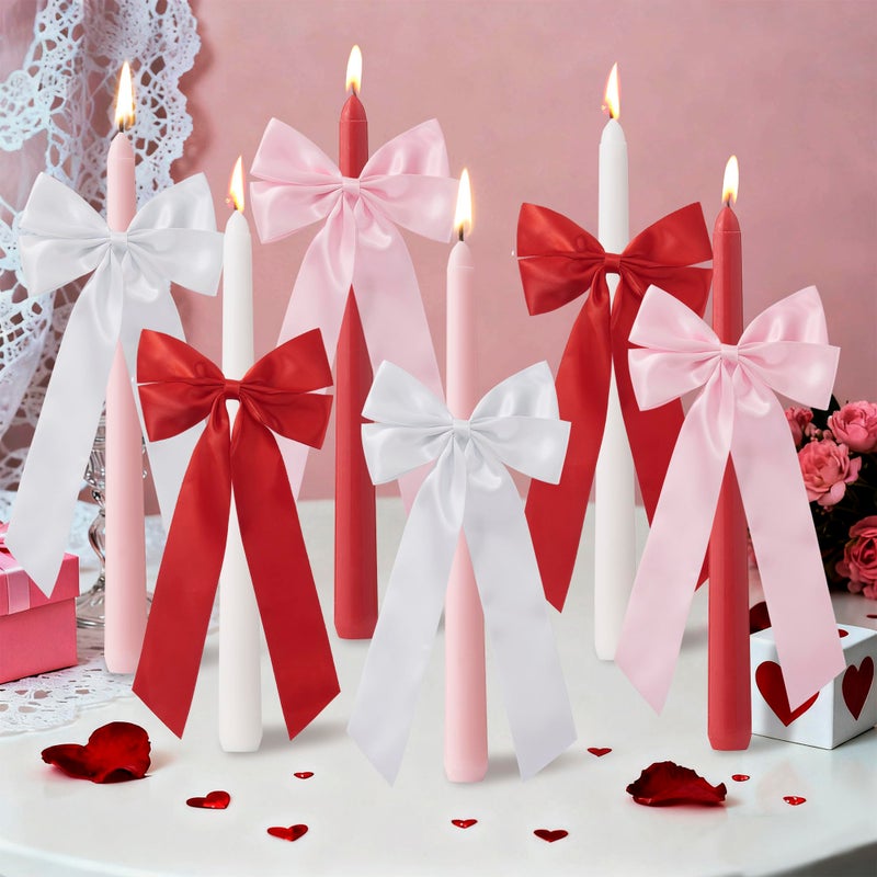SRCVYLT 6 Pcs Bow Taper Candles Coquette Candle Sticks Decor 10 Inch Valentine Taper Candle Smokeless Unscented Wedding Candles Decor Cowgirl Gifts for Bachelorette Bridal Wedding Bow Party - Image 1