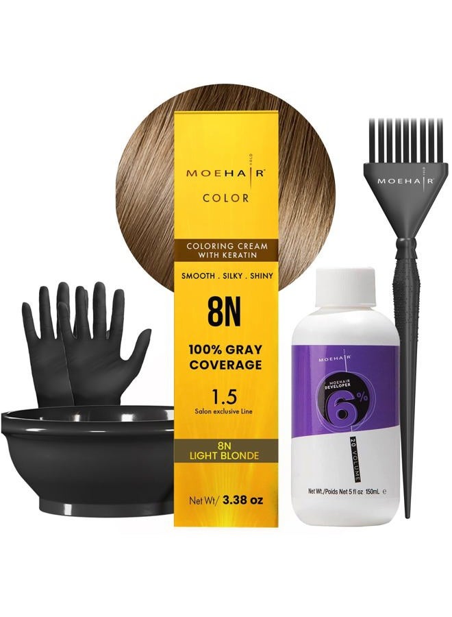 MoeHair Hair Coloring Kit | 8N Permanent Hair Color (Light Blonde), 20 Volume Developer 6%, Coloring Brush, Gloves & Mixing Bowl | Keratin Infused Color | Gray Coverage | Adds Shines & Softness - Image 1
