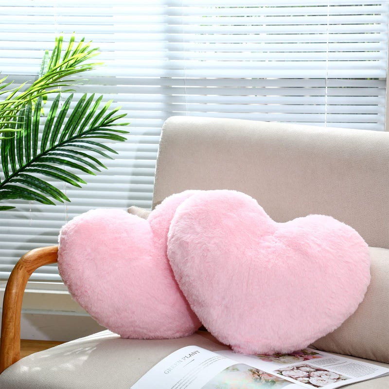 Remerry 2 Pieces Soft Heart Throw Pillow Plush Heart Shaped Decorative Pillow Faux Rabbit Fluffy Cushion for Girl Living Fit Bed Dining Sofa Car Pink