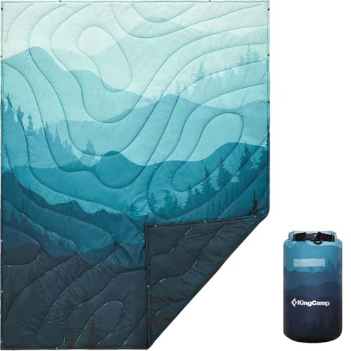 KingCamp Ultralight Camping Blanket, Packable Down Alternative Puffy Printed Wearable Blanket with Snap Buttons & Corner Loops Weatherproof Quilt for Outdoor Travel Stadium (79"L x 57”W, CYAN) - Image 1