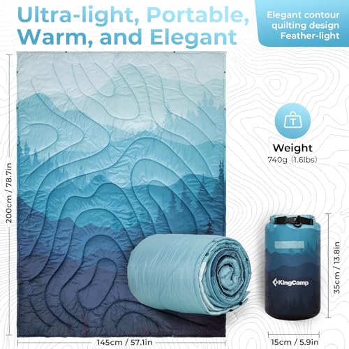 KingCamp Ultralight Camping Blanket, Packable Down Alternative Puffy Printed Wearable Blanket with Snap Buttons & Corner Loops Weatherproof Quilt for Outdoor Travel Stadium (79"L x 57”W, CYAN) - Image 2
