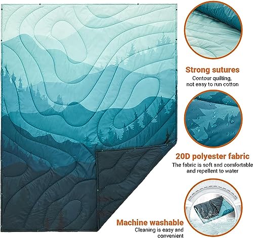 KingCamp Ultralight Camping Blanket, Packable Down Alternative Puffy Printed Wearable Blanket with Snap Buttons & Corner Loops Weatherproof Quilt for Outdoor Travel Stadium (79"L x 57”W, CYAN) - Image 4