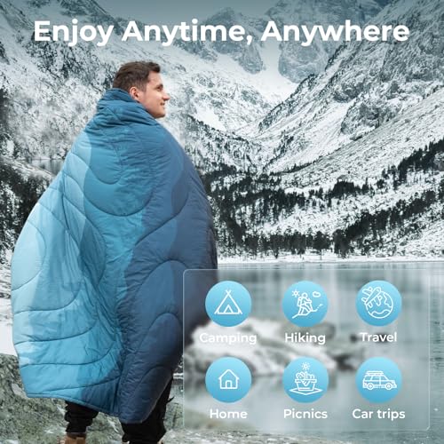 KingCamp Ultralight Camping Blanket, Packable Down Alternative Puffy Printed Wearable Blanket with Snap Buttons & Corner Loops Weatherproof Quilt for Outdoor Travel Stadium (79"L x 57”W, CYAN) - Image 5