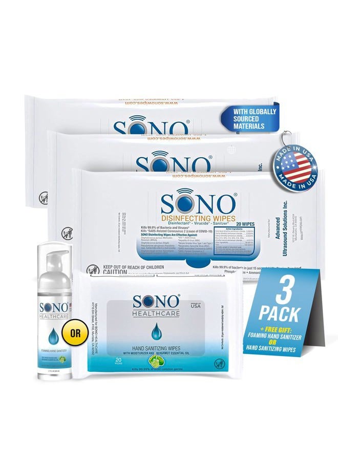 SONO 3 Pack Travel Safe Medical Grade Disinfecting Wipes | Kills 99.9% of Bacteria | 20 Wipes per Pack - Image 1