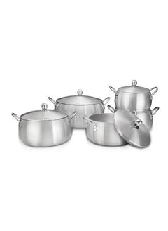 A set of 10-piece aluminum cookware with non-stick surfaces and heat-insulating handles