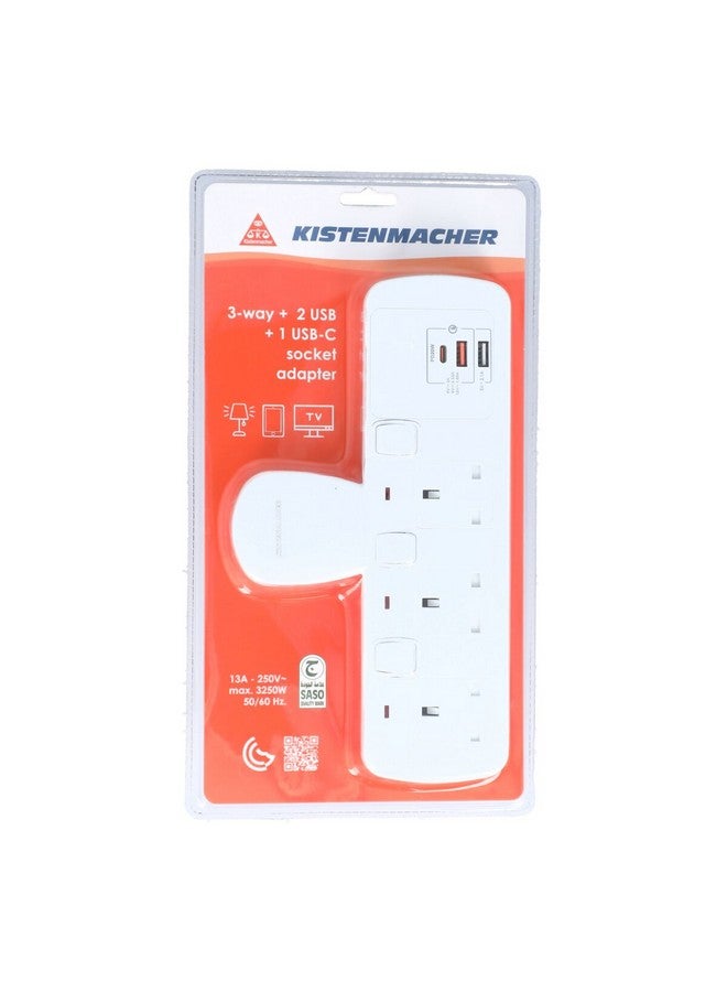 كيستين ماشر محول مقبس متعدد الاستخدام بجهد 3250 واط وبثلاثة منافذ إثنين يو اس بي وواحد يو اس بي نوع سي أبيض 5.1 × 13.6 × 24.8 سم EGK 603BUC - Image 1