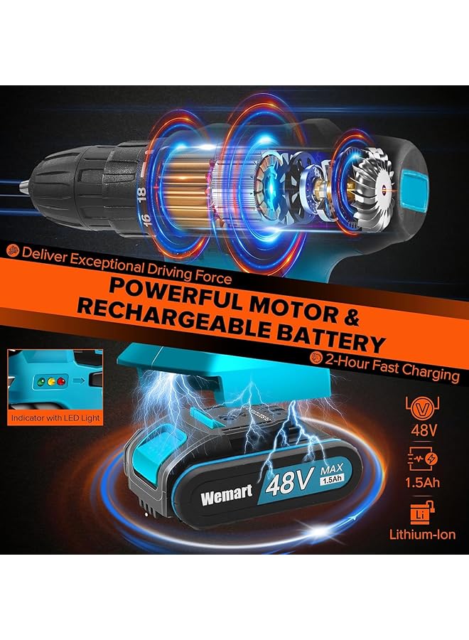 WEMART Cordless Drill Set 48V Power Drill Kit With Battery 25+1 Position 2 Variable Speed 3 8 Inch Keyless Chuck Fast Charger With Tool Bag - Image 3