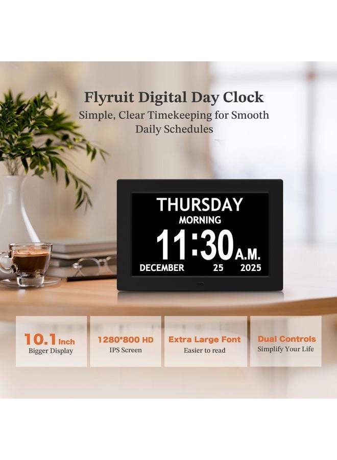 FLYRUIT 10.1'' Extra Large Digital Clock, 1280*800p HD Display, Dementia Clock For Seniors, Digital Clock With Date, Time, Day Of Week, 10 Reminders & 6 Alarms, Auto Dimming & DST, Remote Control, Black - Image 2
