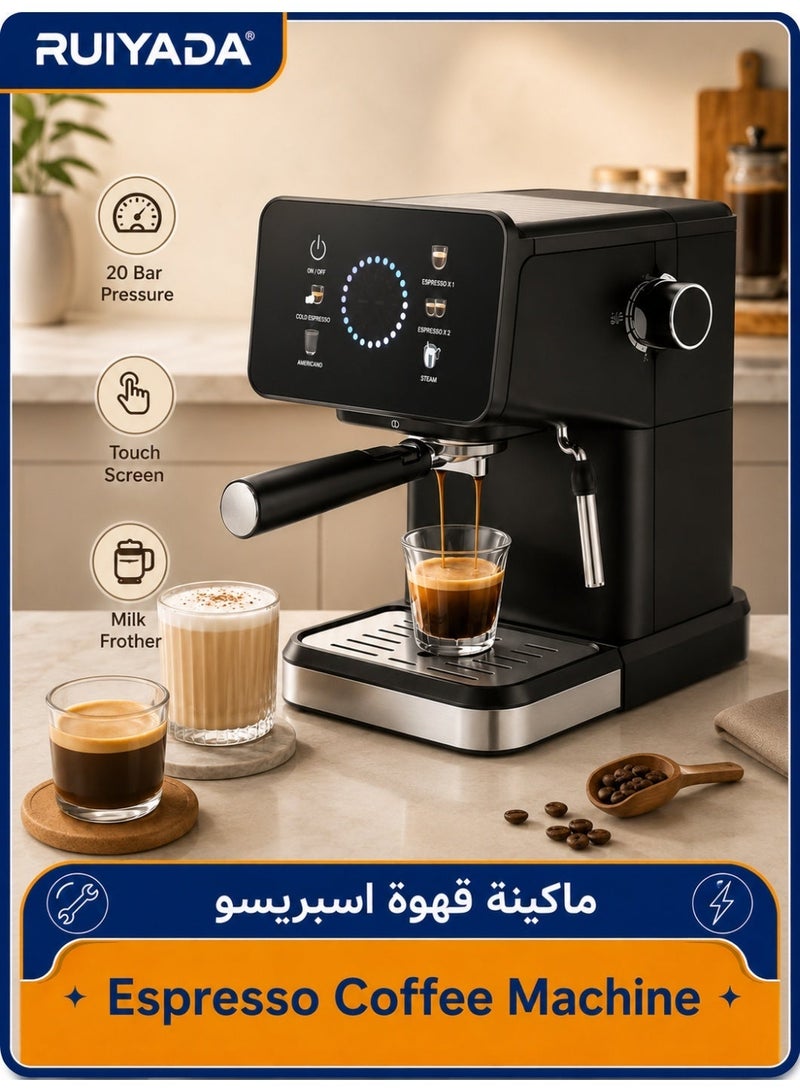 RUIYADA Smart Espresso Coffee Machine 20 Bar, 1200W Automatic Coffee Maker with Milk Frother Steam Wand, Touch Screen Control, Single Double Shot Espresso, Americano, Cappuccino & Latte Machine for Home Office, 1.8L Water Tank, Black - Image 1