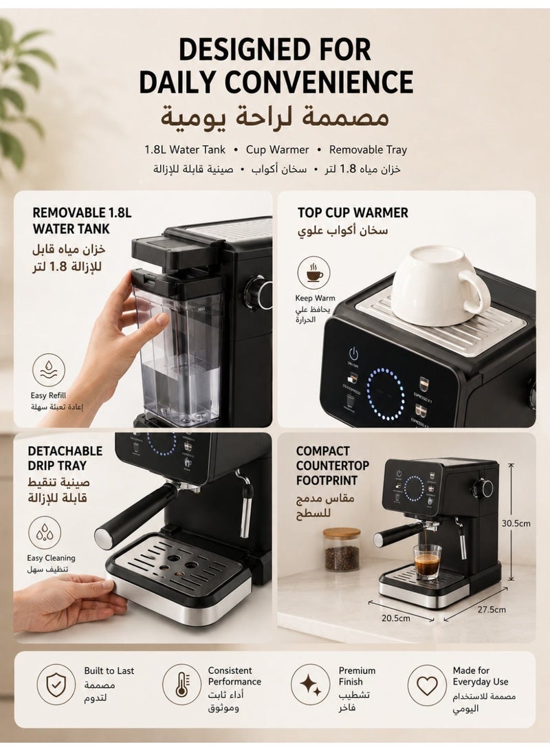 RUIYADA Smart Espresso Coffee Machine 20 Bar, 1200W Automatic Coffee Maker with Milk Frother Steam Wand, Touch Screen Control, Single Double Shot Espresso, Americano, Cappuccino & Latte Machine for Home Office, 1.8L Water Tank, Black - Image 4