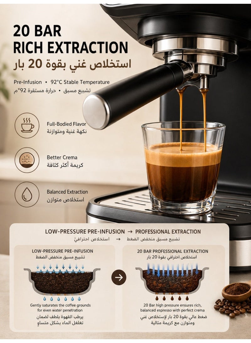 RUIYADA Smart Espresso Coffee Machine 20 Bar, 1200W Automatic Coffee Maker with Milk Frother Steam Wand, Touch Screen Control, Single Double Shot Espresso, Americano, Cappuccino & Latte Machine for Home Office, 1.8L Water Tank, Black - Image 5