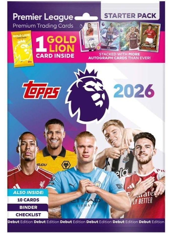 توبس Topps Premier League 2025/26 Starter Pack | Includes 10 New Trading Cards, Binder, Checklist + 1 Gold Lion Card - Image 1