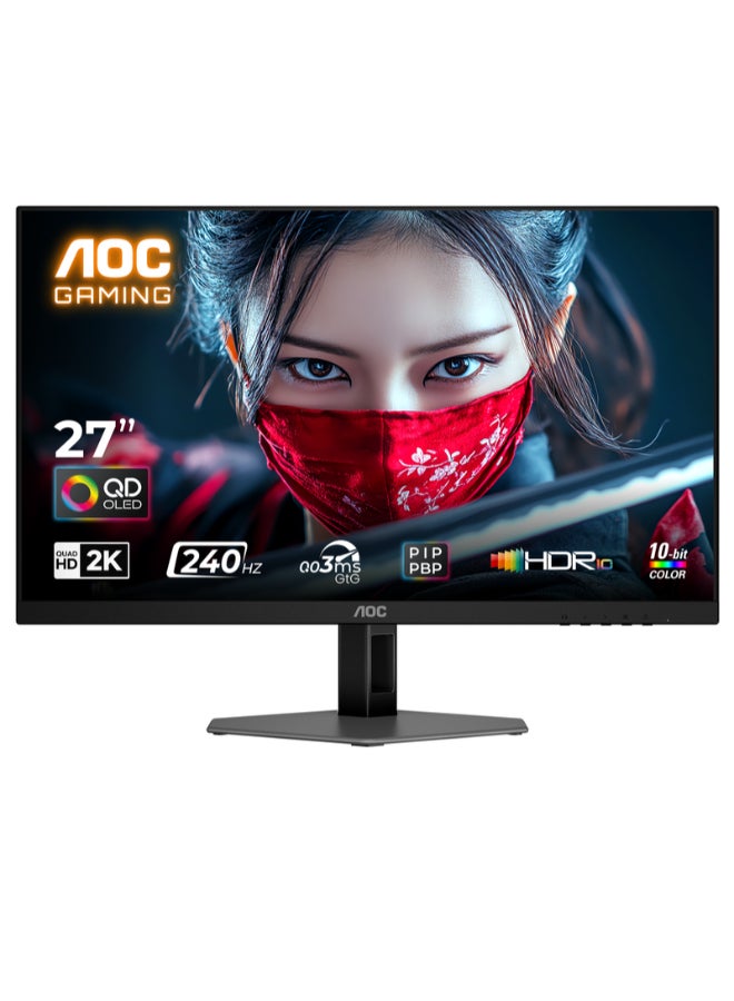 AOC 2K OLED Gaming Monitor, 27 Inch QHD 2560x1440, QD-OLED Panel Type, 240Hz Refresh Rate, 0.03ms Response Time, Flicker-Free | Q27G40ZDF Black & Red BLACK &RED - Image 1